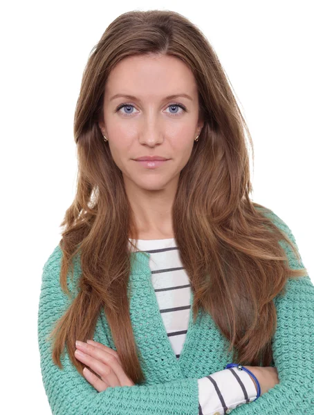 Beautiful young woman in green sweater — Stock Photo, Image