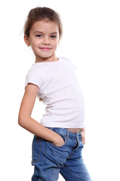 Ritratto di bella bambina in jeans blu — Foto Stock