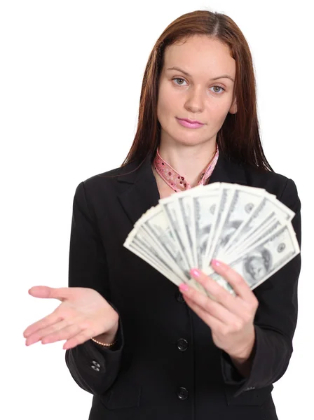 Young woman holding a 100 dollar bill — Stock Photo, Image