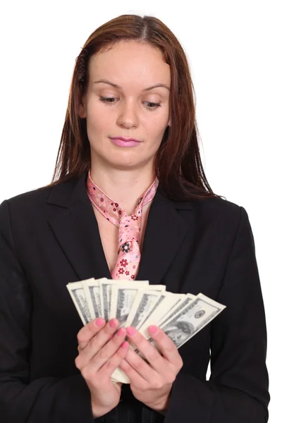 Young woman holding a 100 dollar bill — Stock Photo, Image