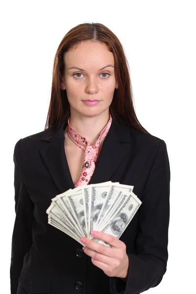 Young woman holding a 100 dollar bill — Stock Photo, Image