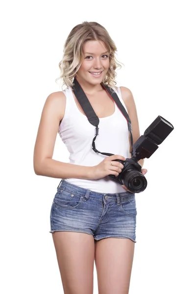 Beautiful young woman with camera. — Stock Photo, Image