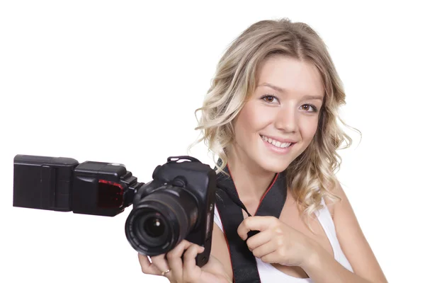 Mujer disparando con una cámara — Foto de Stock
