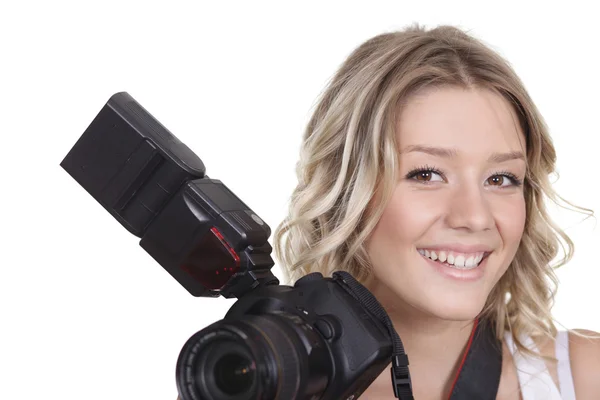Vrouw fotograferen met een camera — Stockfoto
