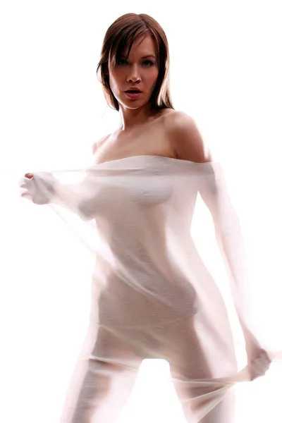 Anonymous nude of girl silhouetted behind sheer cloth — Stock Photo, Image