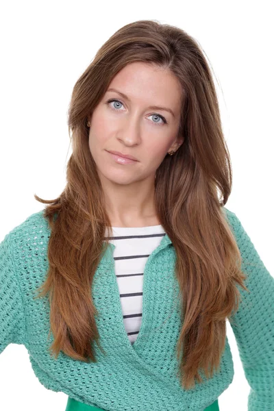 Portrait of a beautiful happy woman in a knitted jacket — Stock Photo, Image