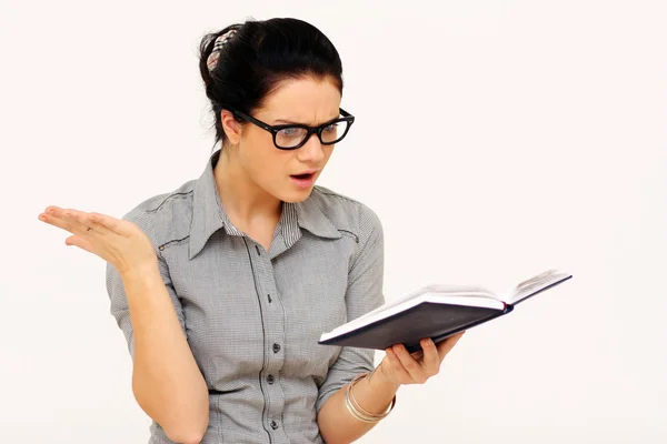 Portrait of the young girl with the daily log in hands — Stock Photo, Image