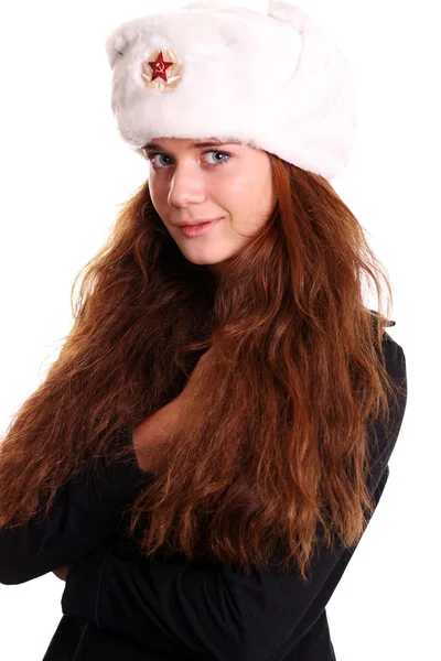 Ruská žena v kožený klobouk — Stock fotografie