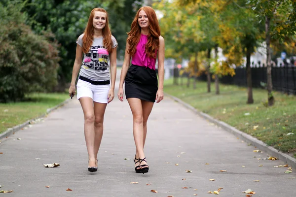 Mujeres jóvenes felices caminando en el parque de verano —  Fotos de Stock