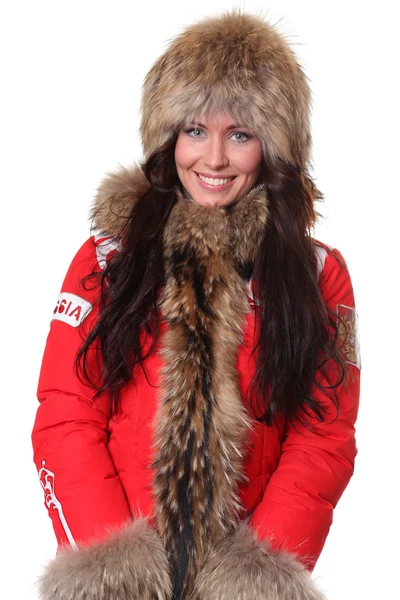 Portrait of a beautiful happy woman wearing fur — Stock Photo, Image