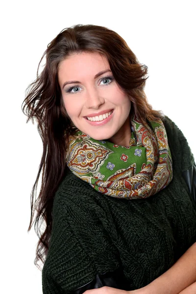 Portrait of a beautiful happy woman in a knitted jacket — Stock Photo, Image