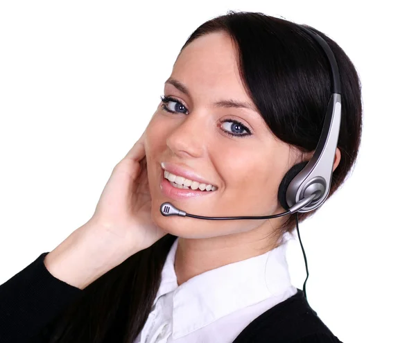 Retrato de una joven agente de servicio al cliente con auriculares —  Fotos de Stock