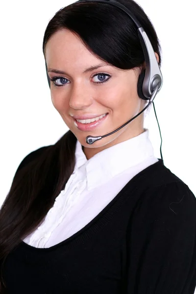 Kendine güvenen genç kadın müşteri hizmetleri temsilcisi ile kulaklık portresi — Stok fotoğraf