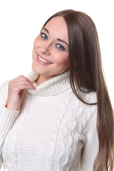 Portrait d'une belle femme heureuse dans une veste tricotée Images De Stock Libres De Droits