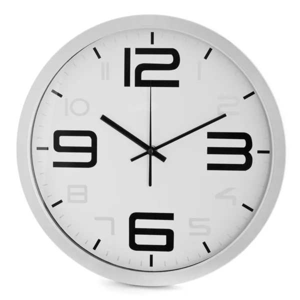 Zegar ścienny duże biuro Wyświetlono czas na białym tle — Zdjęcie stockowe