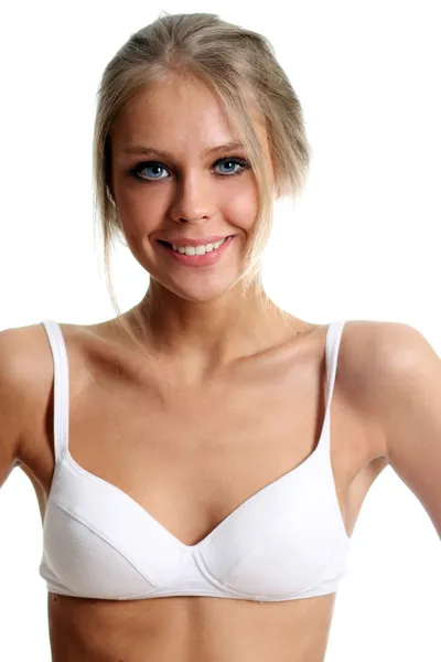 Retrato de mulher bonita em camisa branca — Fotografia de Stock