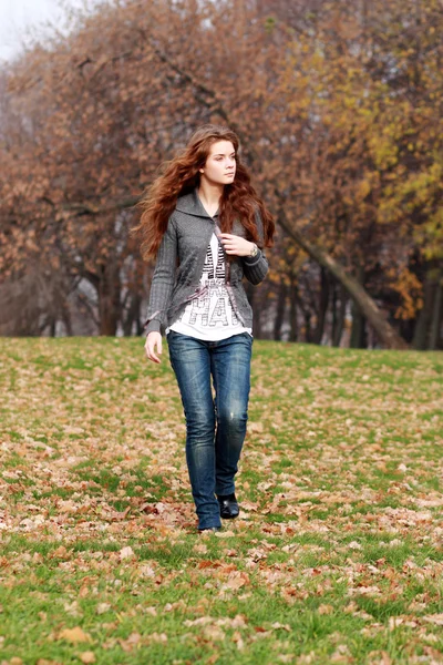 Walking woman in autumn park Stock Picture