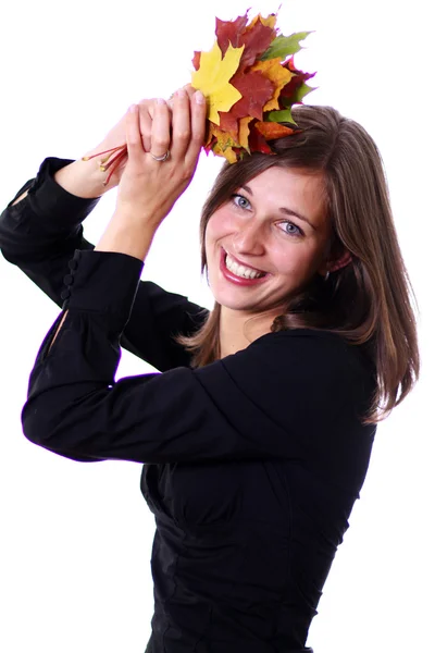 Beautiful young woman and maple leaves — Stock Photo, Image