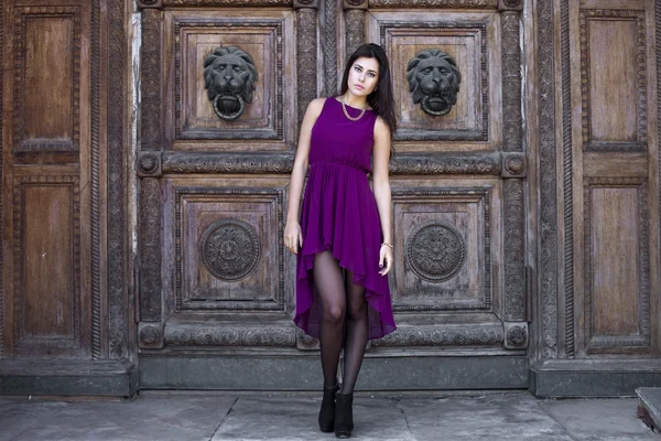 ブルゴーニュのドレスの若い美しい女性 — ストック写真