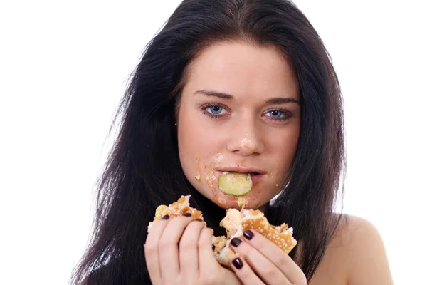 Schöne Frau mit Sandwich — Stockfoto