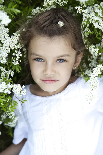 Ritratto di bella bambina in fiore primaverile — Foto Stock