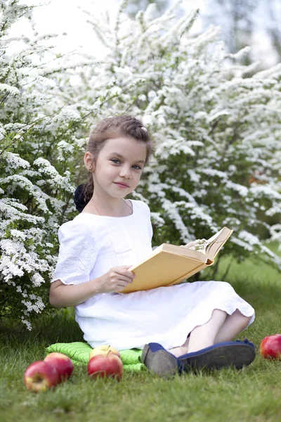 Porträtt av vacker liten flicka i våren blossom Stockbild