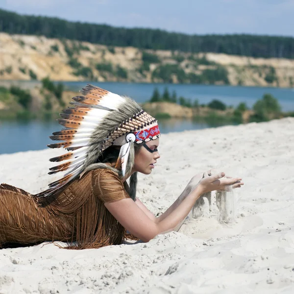 Young woman in costume of American Indian — Stock Photo, Image