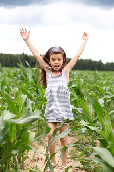 Glada lilla flicka kör via fältet majs — Stockfoto