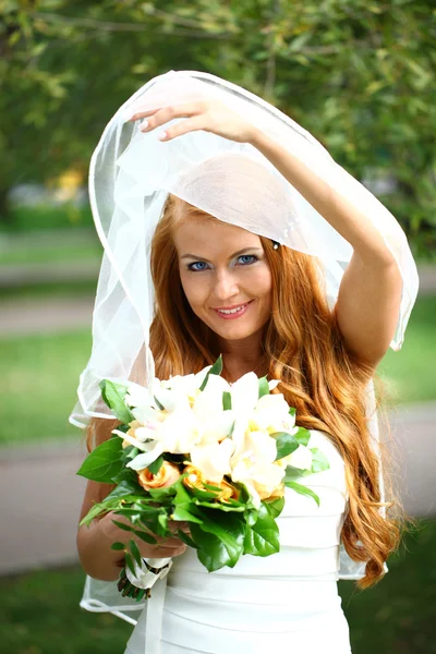 Mooie rode haren bruid dragen trouwjurk — Stockfoto