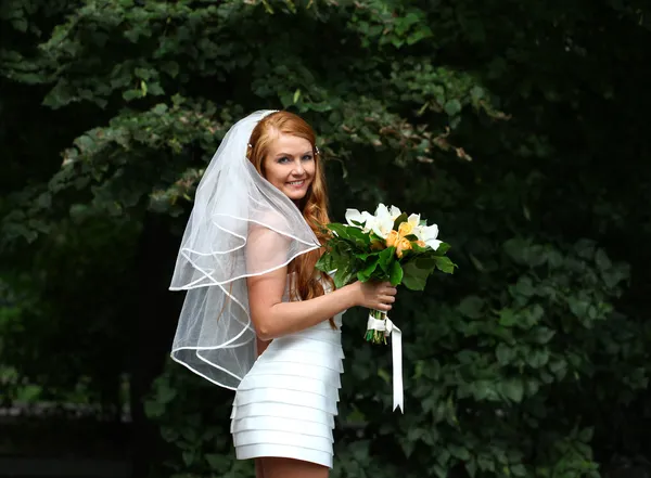Mooie rode haren bruid dragen trouwjurk — Stockfoto