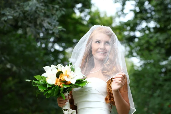 Beautiful red hair bride wearing wedding dress — Stock Photo, Image