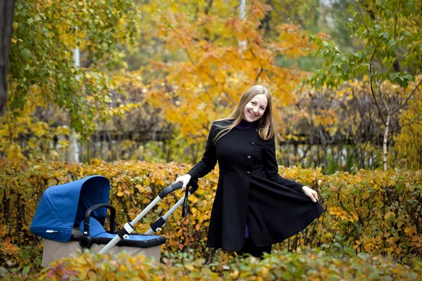 Mãe com carrinho de bebê para um recém-nascido — Fotografia de Stock