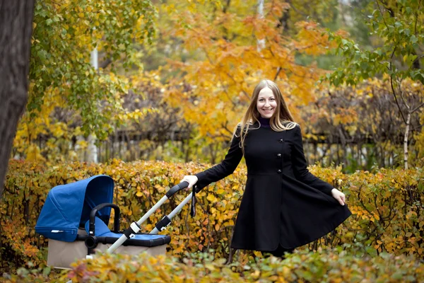 Mãe com carrinho de bebê para um recém-nascido — Fotografia de Stock