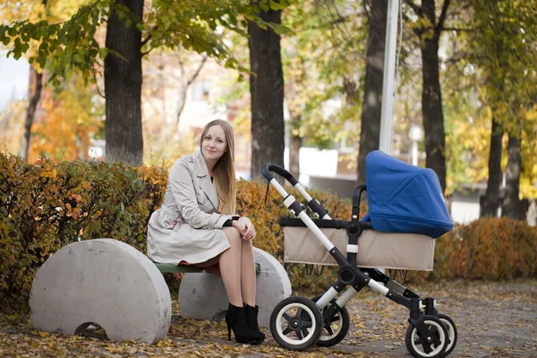 Mãe com carrinho de bebê para um recém-nascido — Fotografia de Stock