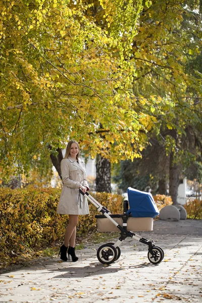 Moeder met baby wandelwagen voor een pasgeborene — Stockfoto