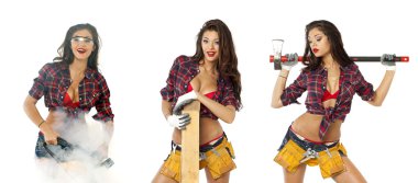 kolaj. İnşaat araçları ile seksi kız