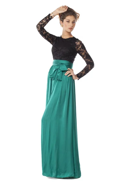 Modelka w zielonej sukni — Zdjęcie stockowe