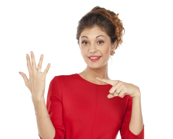 Beautiful woman showing her engagement ring — Stock Photo, Image