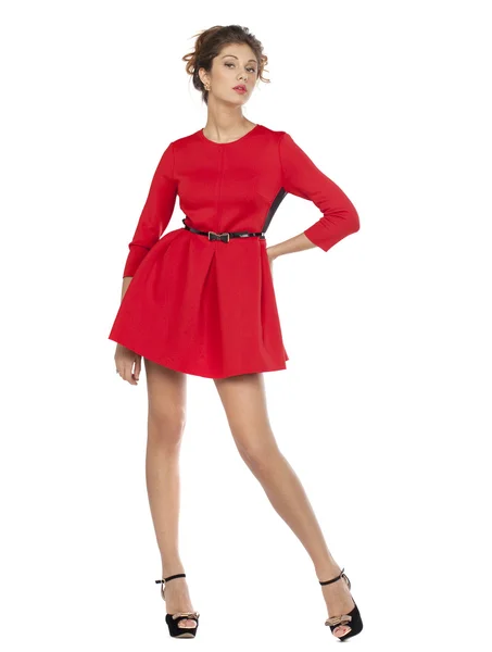 섹시 한 빨간 드레스에서 패션 모델 — 스톡 사진