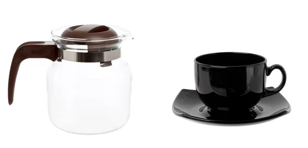 Empty glass teapot and black cup — Stock Photo, Image