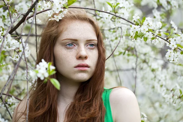 Mooi meisje permanent in de buurt van bloeiende bomen in voorjaar gard — Stockfoto