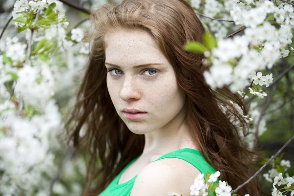 Vacker ung flicka står nära blommande träd i våren gard — Stockfoto