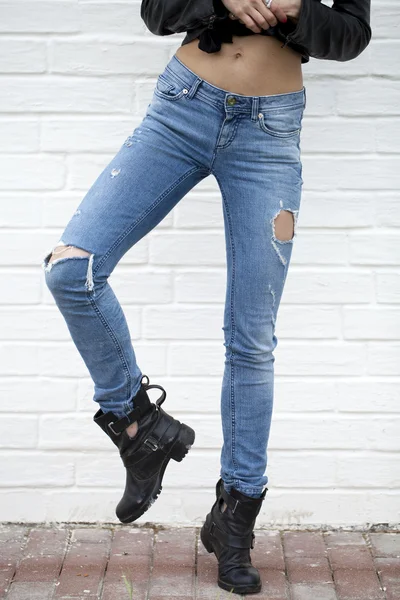 Fechar jeans azul feminino — Fotografia de Stock