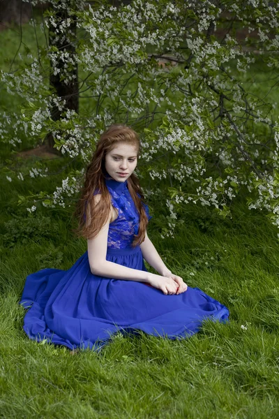 Menina de cabelo vermelho bonita em um vestido azul — Fotografia de Stock