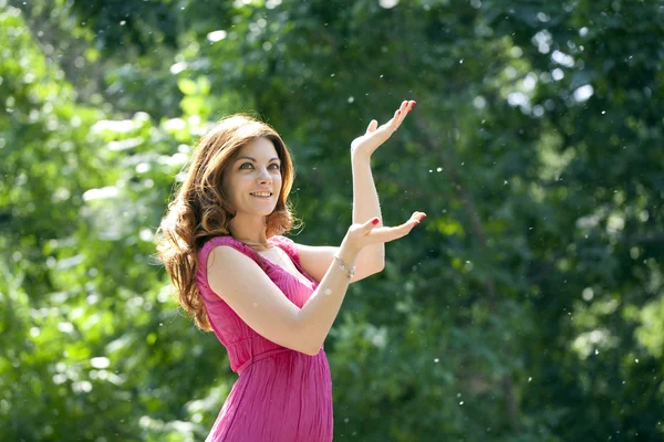 Poplar fluff in a summer park — Stock Photo, Image