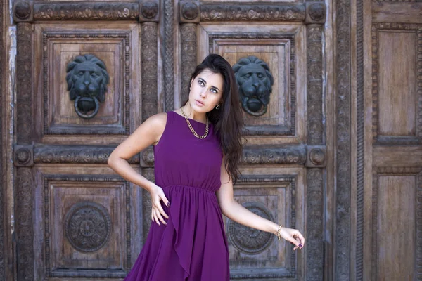 Hermosa mujer en vestido brillante cerca de la pared de madera — Foto de Stock