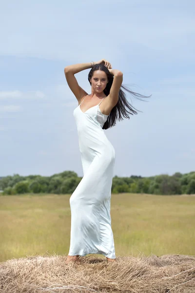 Jovem mulher bonita no palheiro na aldeia — Fotografia de Stock