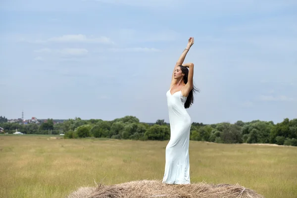 Jovem mulher bonita no palheiro na aldeia — Fotografia de Stock