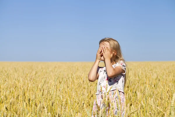 Liten flicka i ett vete gyllene fält — Stockfoto