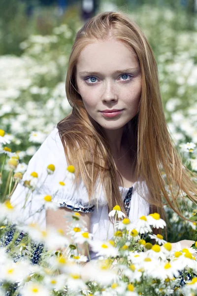 Young woman sitting in a field of chamomile — Stock Photo, Image